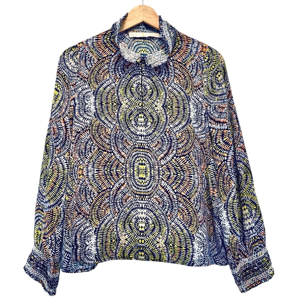 Marie Oliver Silk Blouse Kaleidoscope Print Smocked Collar Long Sleeve Small